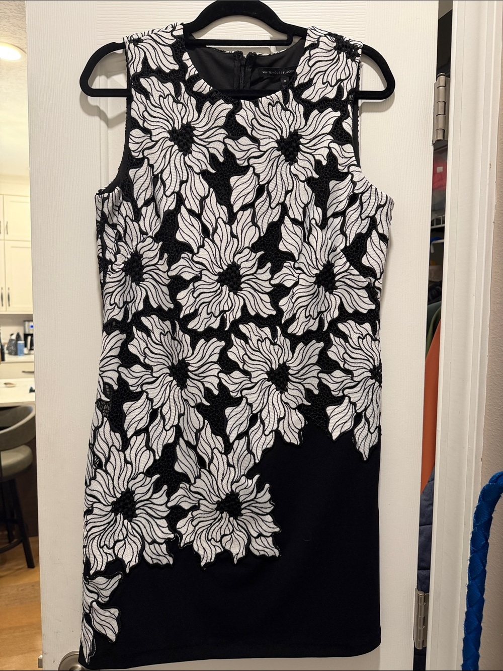 White House Black Market Black Dress with White Floral Appliqué NWT Size 8